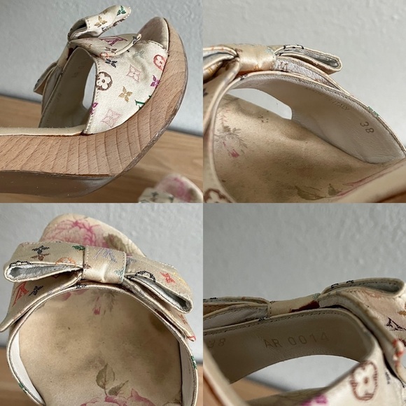 LOUIS VUITTON sz 38 8 White Multicolor Satin Wooden Heels Murakami - Picture 9 of 14